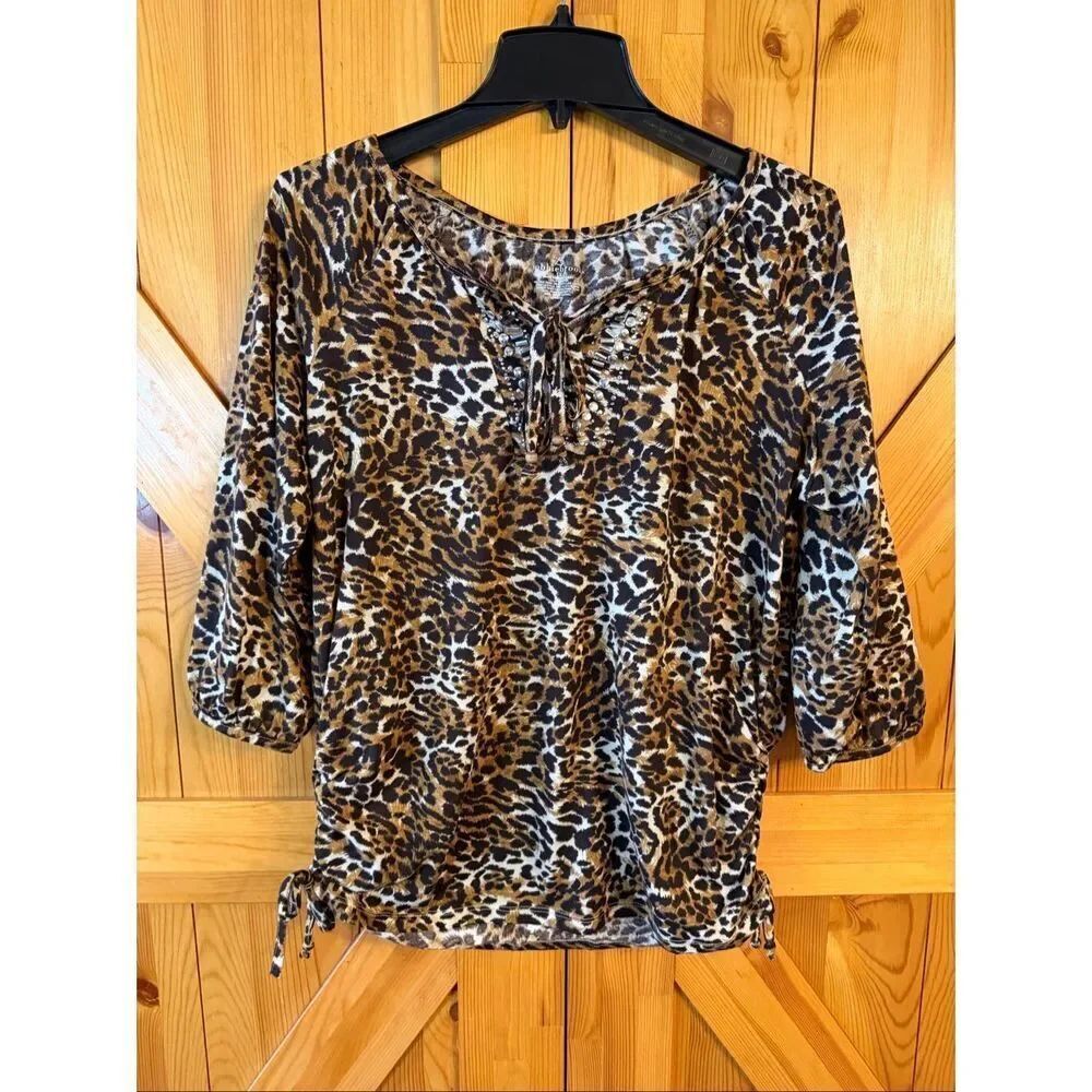 Bobbie Brooks Leopard Print 3/4 Sleeve Blouse Metal Embellishments Size 1X (7149